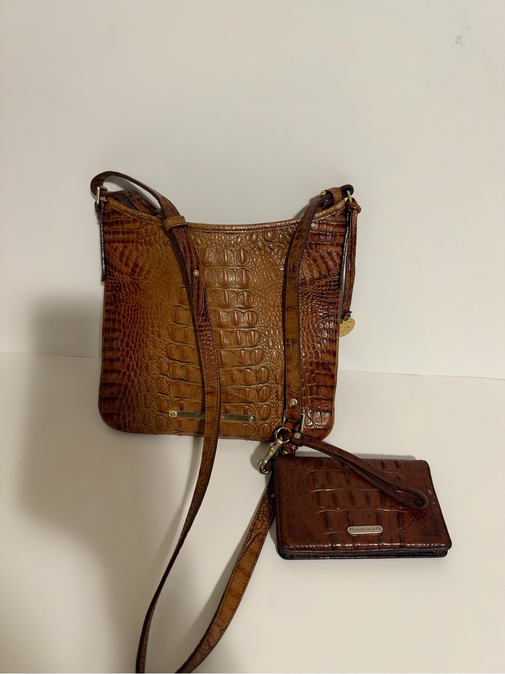 Brahmin Cognac Brown Croc-Embossed Leather Crossbody with Wristlet
